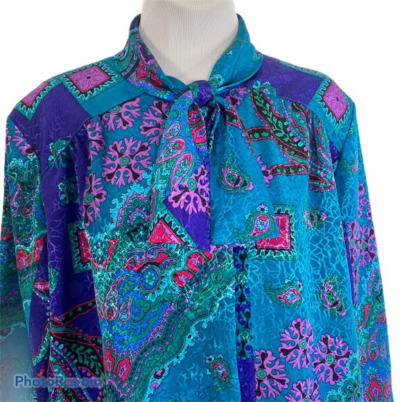 Vintage Tan Jay Womens Blouse Hidden Buttons Bow Size 12 Blue - Picture 2 of 8